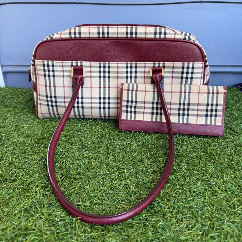 Burberry Nova Check Canvas Leather Shoulder Bag and Wallet Set Burgundy Trim